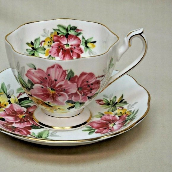 Queen Anne Fine Bone China England Pink & Yellow Azalea Footed Tea Cup & Saucer - Picture 3 of 14